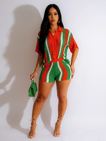 Damen Sexy Häkelstrick Ajour Vertikale Streifen Kurzarm Polohemd Und Shorts Urlaubsoutfits