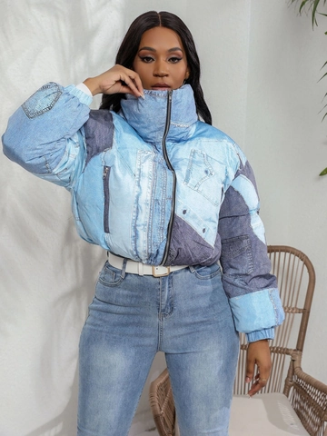 Chaqueta Acolchada de Patchwork con Estampado de Mezclilla para Mujer Casual Cuello Alto Cremallera Algodón Acolchado Ropa de Abrigo Corta Abrigo Streetwear