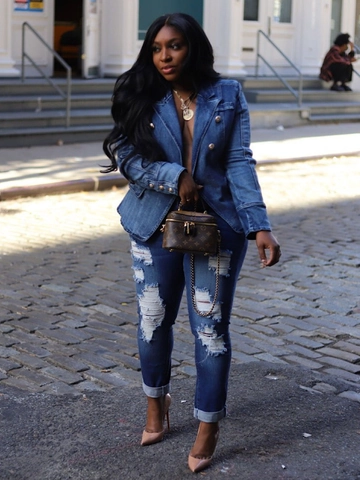 Dames Slim Fit Double Breasted Denim Blazer Jas Met Gouden Leeuw Metalen Knoppen Distressed Gewassen Jean Jas Casual Top