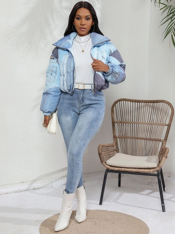 Chaqueta Acolchada de Patchwork con Estampado de Mezclilla para Mujer Casual Cuello Alto Cremallera Algodón Acolchado Ropa de Abrigo Corta Abrigo Streetwear
