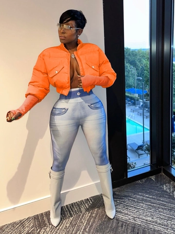 Doudoune Courte pour Femmes Col Montant Veste Matelassée Fini Brillant Poignets Nervurés Manteau d'Hiver Chaud