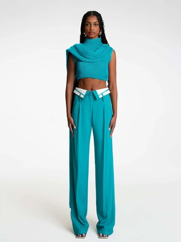 Pantalon de Costume Large pour Femmes Taille Haute Couleur Contrastée Taille Repliée Pantalon Droit Casual Streetwear