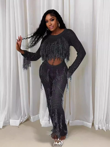 Conjunto de Pantalón Sexy de Punto Calado con Borlas Top Corto de Manga Larga y Pantalón Ajustado de Cintura Alta para Mujer