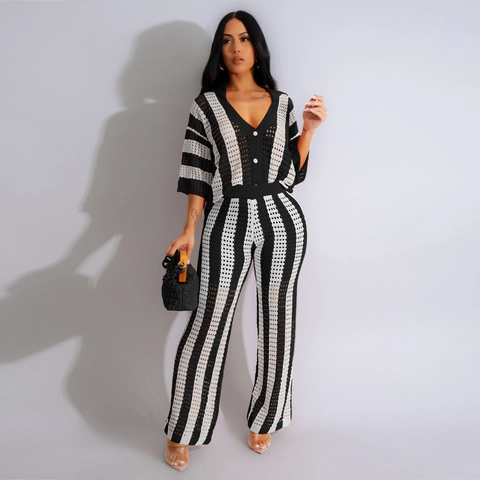 Vrouwen Sexy V Hals Hollow Streep Gebreide Top En Broek Zomer Vakantie Strand Haken Vrije Tijd Mode Casual Kleding Outfit