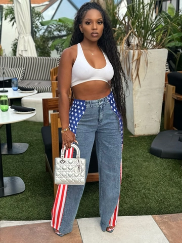 Damen Amerikanische Flagge Print Jeans Hohe Taille Gerade Weite Hose Casual Retro Stars Stripes Denim Hosen