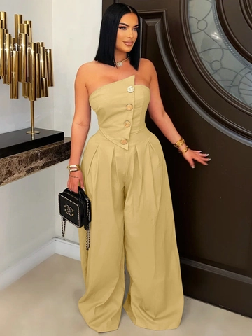 Tuta Elegante da Donna Senza Spalline con Gamba Larga Bottoni Dorati Asimmetrici Vita Alta Senza Maniche