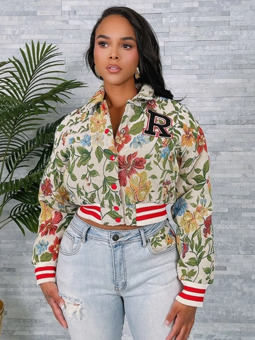 Giacca Bomber Corta da Donna in Jacquard Floreale Vintage Manica Lunga con Patch a Lettera Streetwear Retrò