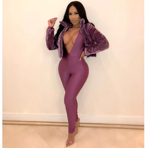 Giacca Corta Sexy in Pelliccia Sintetica E Tuta Aderente Con Scollo a V Profondo Viola Velluto Streetwear Completo Invernale