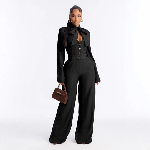 Elegant Women Wide Leg Jumpsuit Long Sleeve Bow Tie Neck Ribbed Pinstripe Professional Romper Button Decor Fashion Overalls