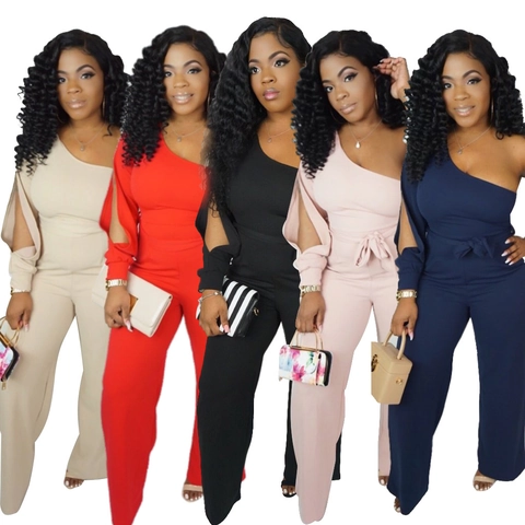 Damen Sexy One Shoulder Langarm Jumpsuit Asymmetrische Weite Hose mit Bindegürtel Party Nachtclub Einfarbig Romper