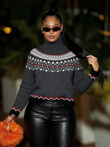 Suéter de Cuello Alto Fair Isle Vintage para Mujer Patrón Geométrico de Punto Acrílico Color de Contraste Jersey Cálido