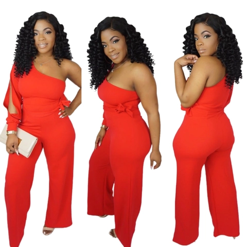 Damen Sexy One Shoulder Langarm Jumpsuit Asymmetrische Weite Hose mit Bindegürtel Party Nachtclub Einfarbig Romper