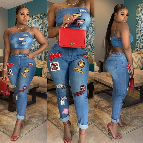 Γυναικείο Vintage Denim Patchwork Σετ Μπλούζα και Ψηλόμεσο Ίσιο Παντελόνι Αμάνικο Πλυμένο Μπλε Streetwear