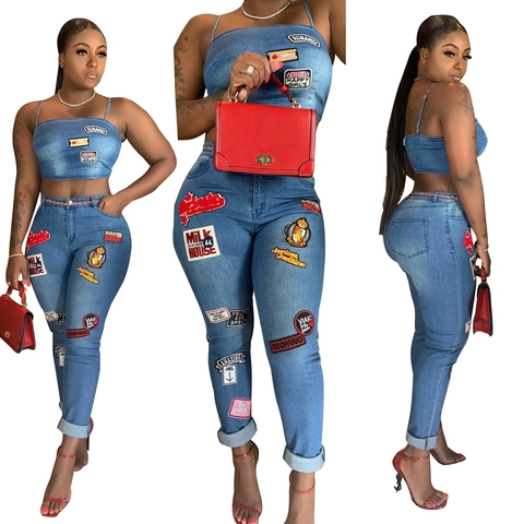 Γυναικείο Vintage Denim Patchwork Σετ Μπλούζα και Ψηλόμεσο Ίσιο Παντελόνι Αμάνικο Πλυμένο Μπλε Streetwear