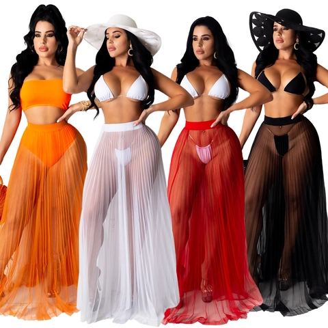 Falda Larga de Playa Sexy de Malla Transparente para Mujer Cintura Alta Falda Larga Plisada para Vacaciones