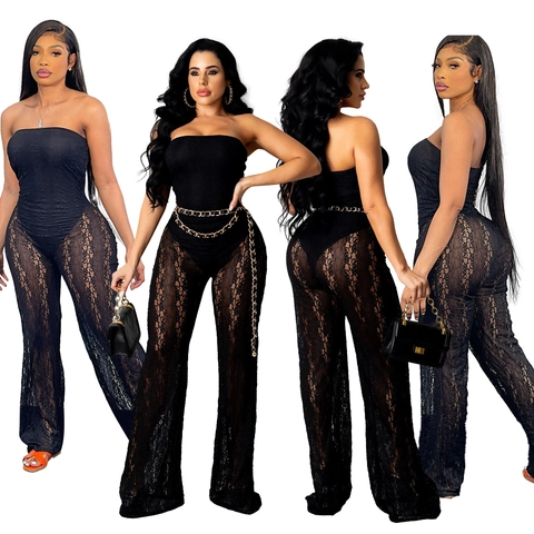 Women Sexy Black Off The Shoulder Lace Jumpsuit See Through Floral Mesh Wide Leg Romper With Gold Chain Belt Party Clubwear