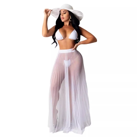 Falda Larga de Playa Sexy de Malla Transparente para Mujer Cintura Alta Falda Larga Plisada para Vacaciones