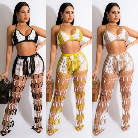 Women's Sexy Linen Crochet Hollow Out Top And Bottom Two-Piece Beach Set Halter Bikini And Mesh Pants Vacation Outfit