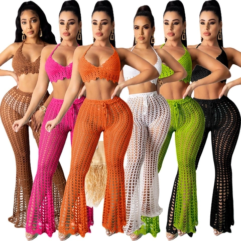 Women Sexy Crochet Hollow Two Piece Set Halter Bra Top And High Waist Flare Wide Leg Pants Beach Vacation Outfit