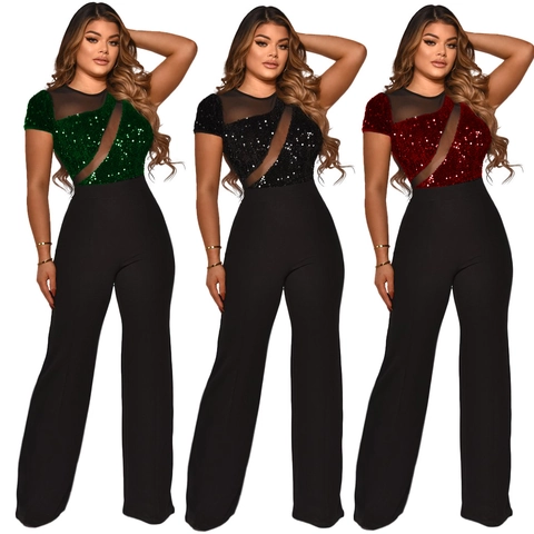 Dames Elegante Pailletten Mesh Patchwork Jumpsuit Ronde Hals Korte Mouw Hoge Taille Wijde Pijpen Lange Broek Feest Banket Outfit