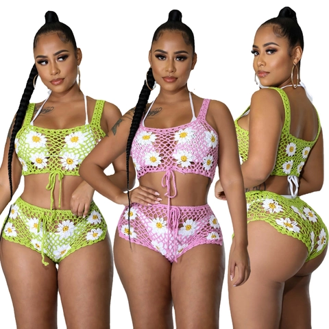 Conjunto de Dos Piezas de Ganchillo de Margarita para Mujer Top con Cuello Halter y Pantalones Cortos Calados Ropa de Playa de Verano Bohemia