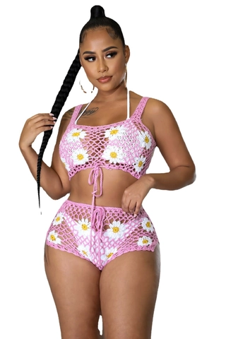 Conjunto de Dos Piezas de Ganchillo de Margarita para Mujer Top con Cuello Halter y Pantalones Cortos Calados Ropa de Playa de Verano Bohemia