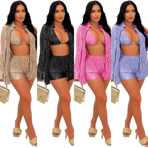 Set Abbigliamento Vacanza Donna Sexy Camicia Manica Lunga Plissettata Top Bikini E Pantaloncini Lustro Metallico