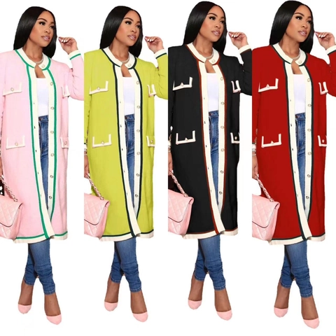 Élégant Cardigan Long en Tricot Style Français avec Bordure Contrastée pour Femme Col Rond Manches Longues Veste en Maille Rétro