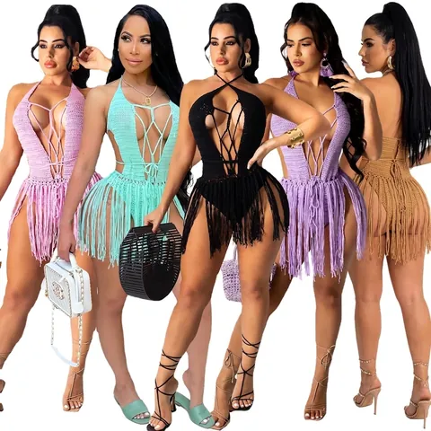 Tuta da Spiaggia Donna all'Uncinetto con Nappine Halter Schiena Scoperta Abito da Mare Boho Sexy Maglia Top Senza Maniche