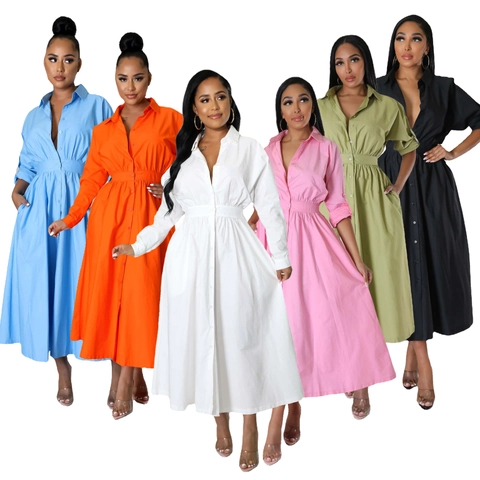 Damen Elegant Einfarbig Langarm Hemdkleid Falten Taille A-Linie Maxikleid mit Knöpfen und Taschen Casual Büro Outfits