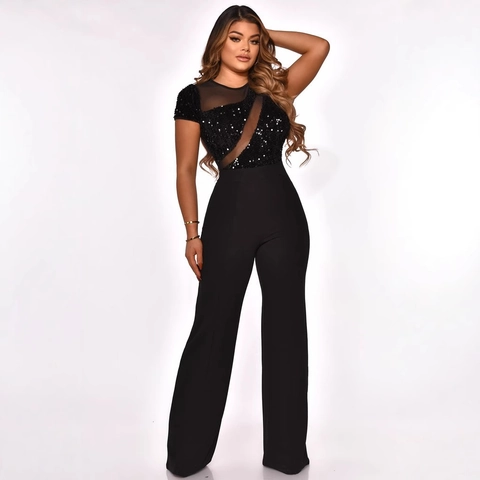 Dames Elegante Pailletten Mesh Patchwork Jumpsuit Ronde Hals Korte Mouw Hoge Taille Wijde Pijpen Lange Broek Feest Banket Outfit