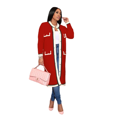 Élégant Cardigan Long en Tricot Style Français avec Bordure Contrastée pour Femme Col Rond Manches Longues Veste en Maille Rétro