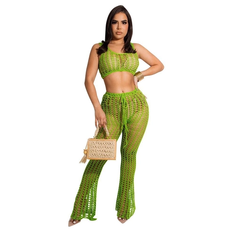 Dames Gehaakt Opengewerkt Top En Uitlopende Broek Handgemaakt Breien Strand Vakantie Mesh Outfits Boho Stijl Sexy Kleding