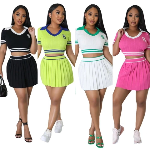 Damen Preppy Strickrock Set Kontraststreifen Crop Polo Top Und Faltenminirock Sport Freizeit Kleidung