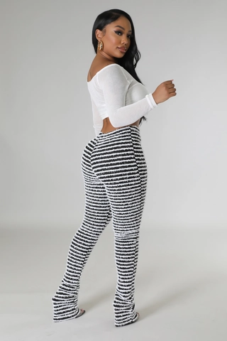 Pantalon Évasé en Maille à Rayures Noir Et Blanc pour Femmes Taille Haute Chic Slim Fit Pantalon Texturé Extensible Leggings