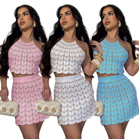 Conjunto de Parte Superior e Inferior de Lana para Mujer con Cuello Halter Espalda Descubierta de Punto Crochet Patrón de Ondas