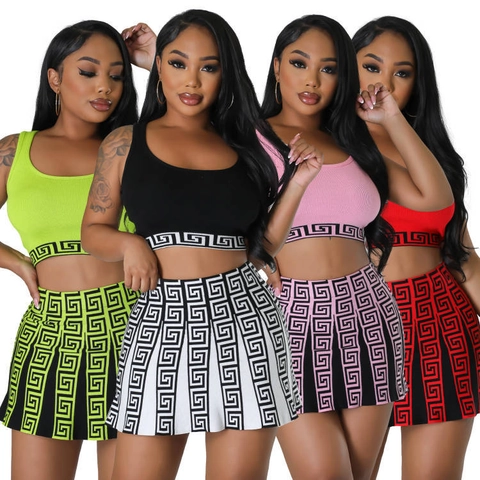 Women Casual Knitted Outfit Greek Key Pattern Crop Top Vest And Mini Skirt High Stretch Streetwear Fashion Summer Clothing