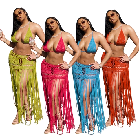 Dames Gehaakte Bikini Set Halter Driehoek Top En Lange Kwastje Strand Rok Tweedelig Vakantie Gebreide Badmode