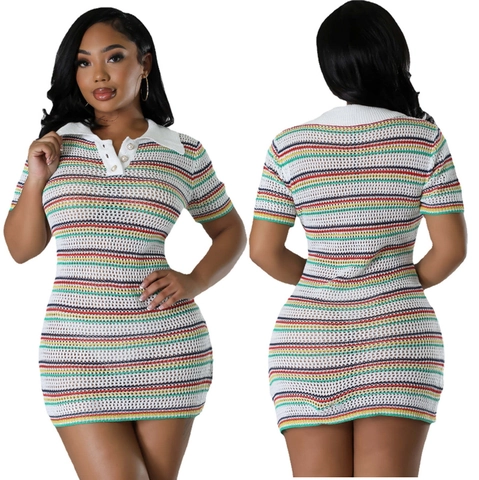 Damen Casual Bunte Streifen Strickkleid Polokragen Kurzarm Schlanke Passform Mini Häkelkleid Sommer Strand Mode