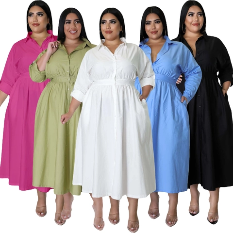 Damen Plus Size Einfarbig Langarm Hemdblusenkleid Elegant Knöpfe A-Linie Maxi Kleid Mit Taschen Casual Büro Kleid
