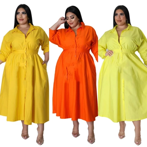 Damen Plus Size Einfarbig Langarm Hemdblusenkleid Elegant Knöpfe A-Linie Maxi Kleid Mit Taschen Casual Büro Kleid