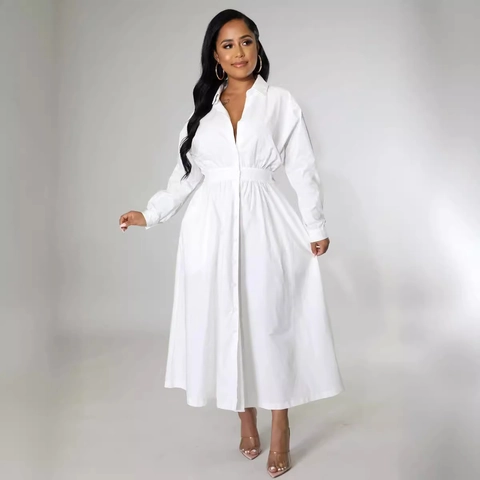 Damen Elegant Einfarbig Langarm Hemdkleid Falten Taille A-Linie Maxikleid mit Knöpfen und Taschen Casual Büro Outfits