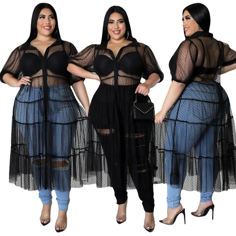 Robe à Étages en Mesh Transparent à Pois pour Femmes Grande Taille Boutonnée Sexy Noir Maxi Chemise de Plage Vacances