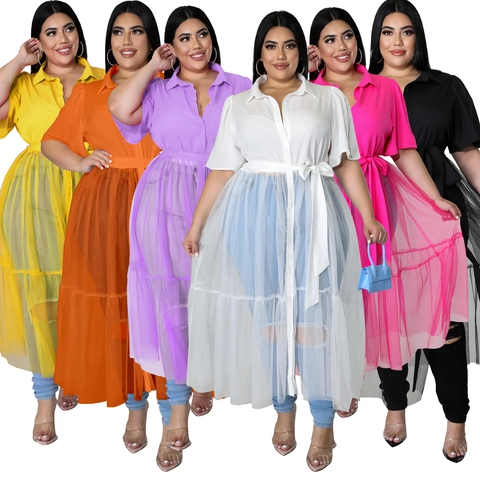 Plus Size Women Elegant Mesh Stitching Top And Bottom Casual Chiffon Pleated Shirt Dress Set Fashionable Two Piece Outfit