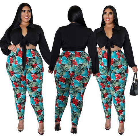 Completo Donna Taglie Forti 2 Pezzi Casual Manica Lunga Crop Top con Laccetto e Pantaloni a Vita Alta con Stampa Tropicale