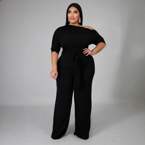 Mono de Talla Grande para Mujer de un Hombro y Pata Ancha Elegante Romper de Color Sólido Con Cinturón Pantalones Largos Casuales