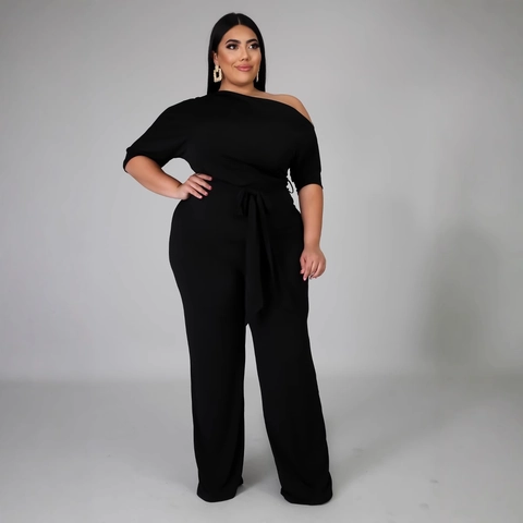 Mono de Talla Grande para Mujer de un Hombro y Pata Ancha Elegante Romper de Color Sólido Con Cinturón Pantalones Largos Casuales