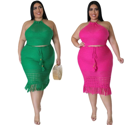 Dames Grote Maten Gehaakte Rokset Halter Crop Top En Tassel Midi Rok Zomer Strand Vakantie Boho Gebreide Outfits