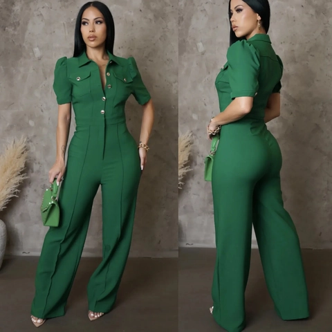 Mono Casual de Manga Corta con Solapa para Mujer Estilo Cargo Botones Frontales Pierna Ancha Pantalones Largos Ajuste Delgado Elegante Oficina