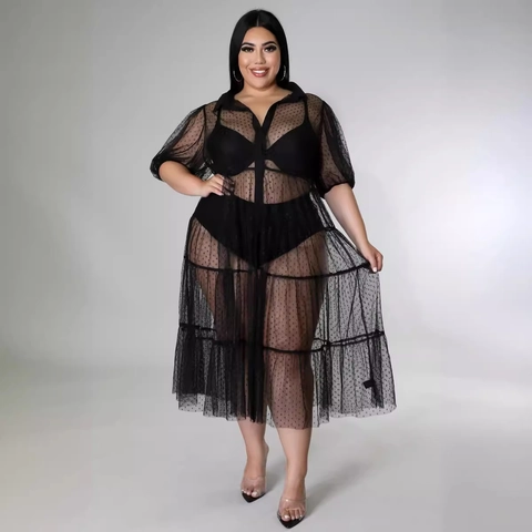 Robe à Étages en Mesh Transparent à Pois pour Femmes Grande Taille Boutonnée Sexy Noir Maxi Chemise de Plage Vacances